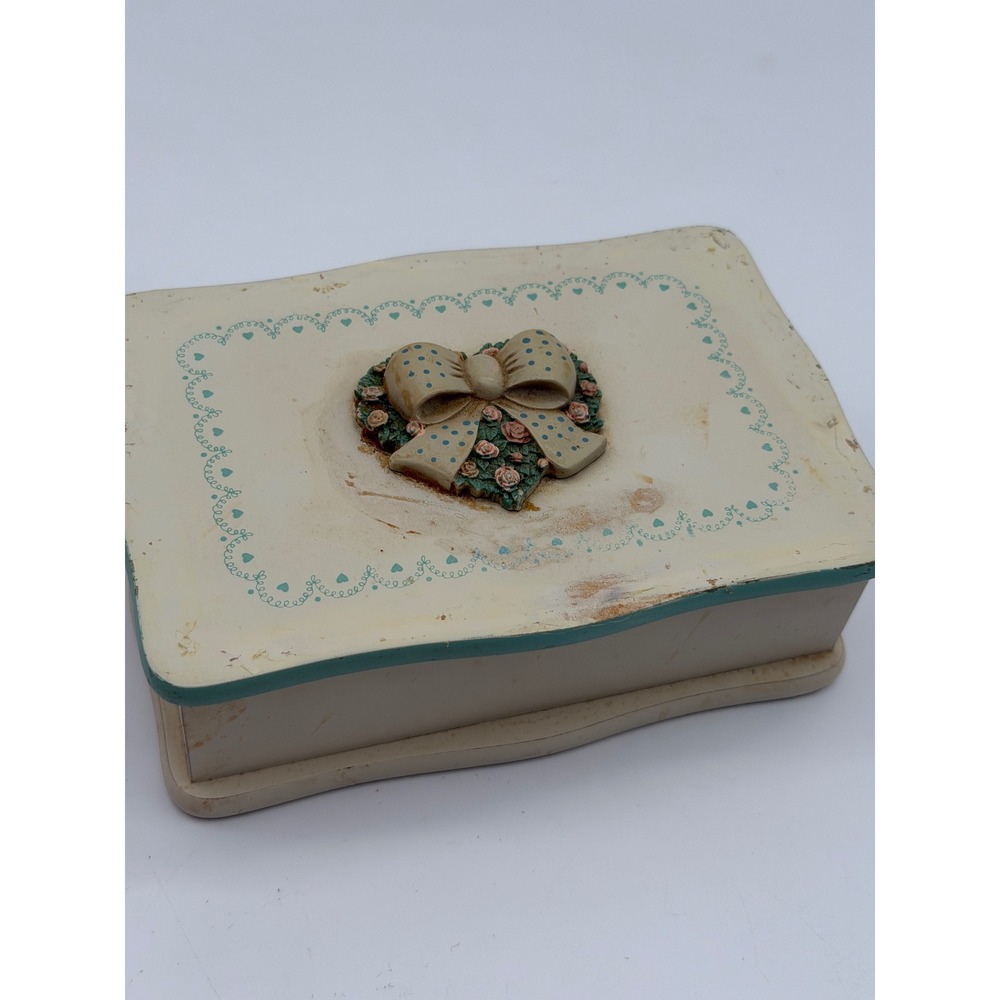 Vintage Shabby Chic Wooden Jewelry Box Cream Teal Floral Bow Heart Detail Taiwan